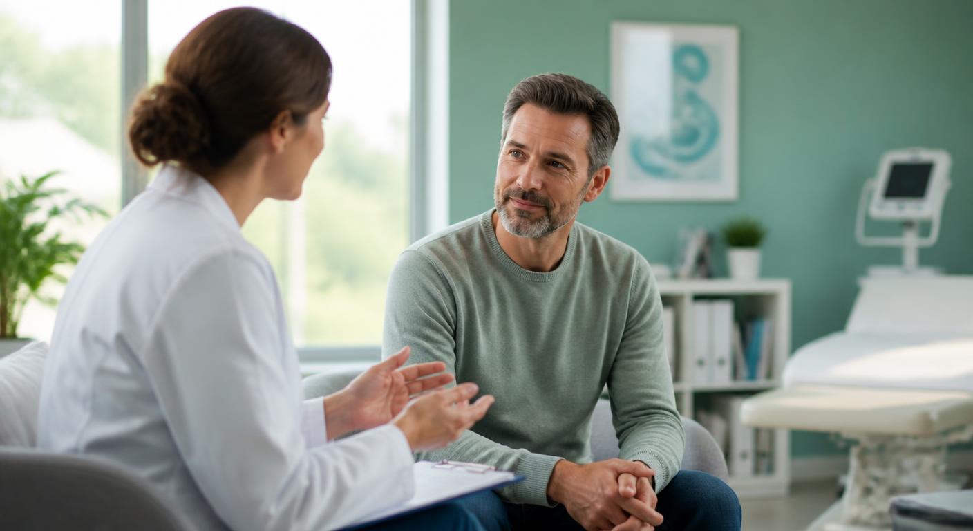 Profissional de saúde conversando com paciente em ambiente acolhedor