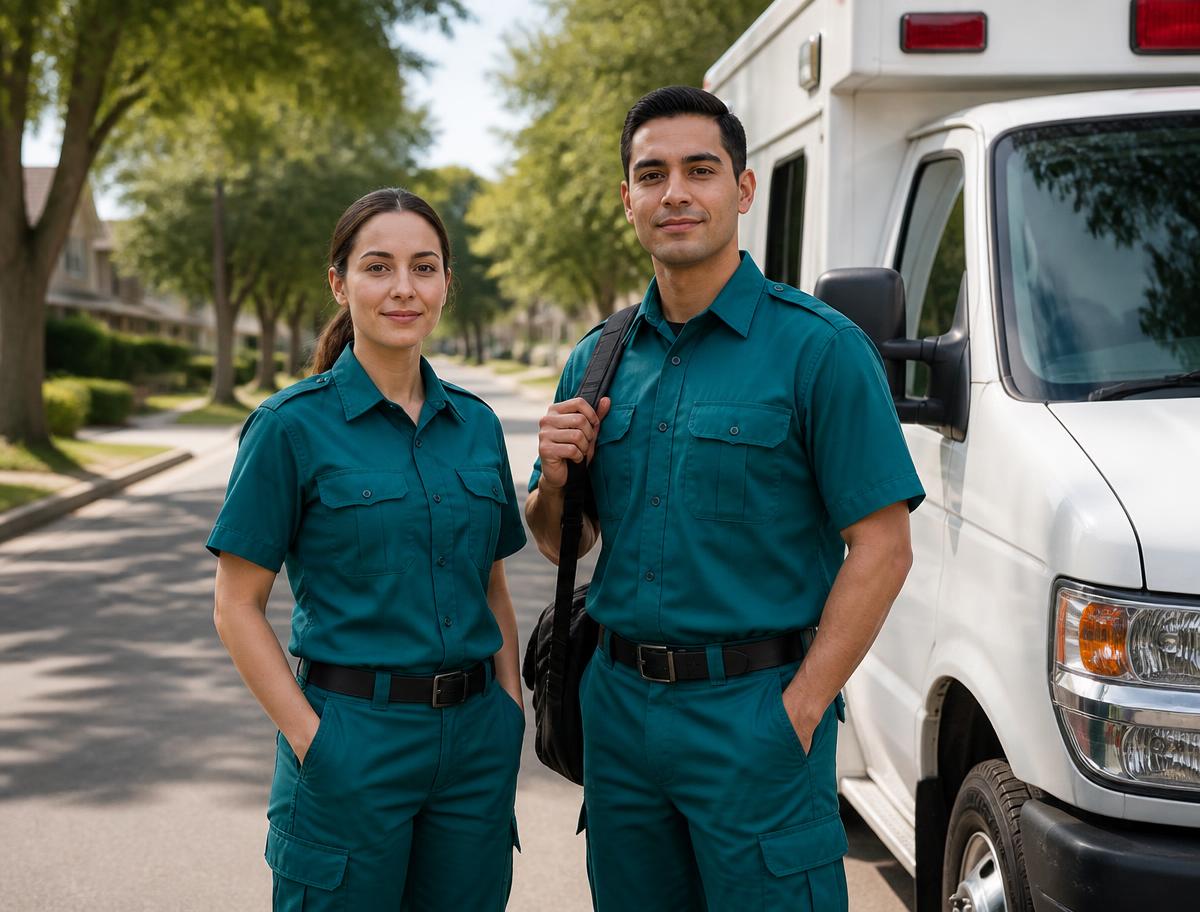 Equipe de remoção especializada ao lado da ambulância