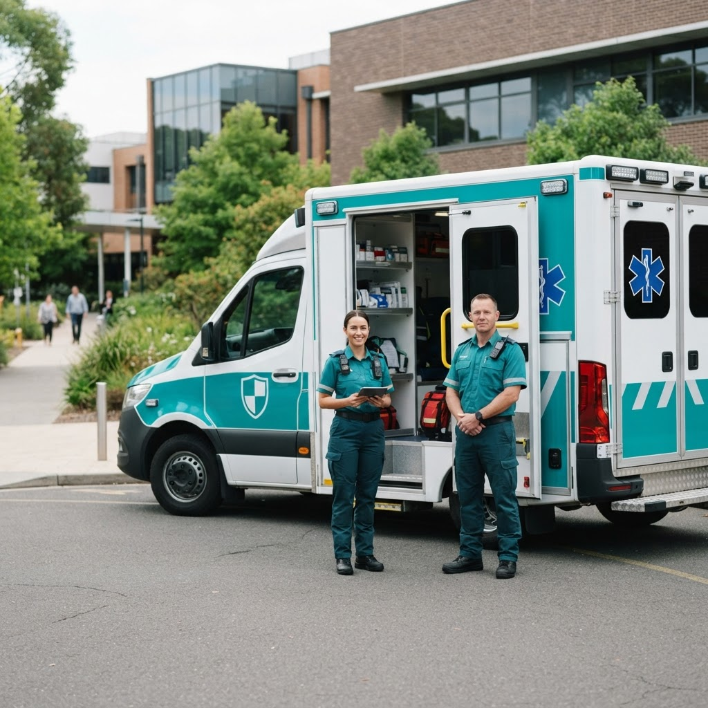 Ambulância da RecomeceAgora com equipe de remoção especializada ao lado, pronta para o atendimento